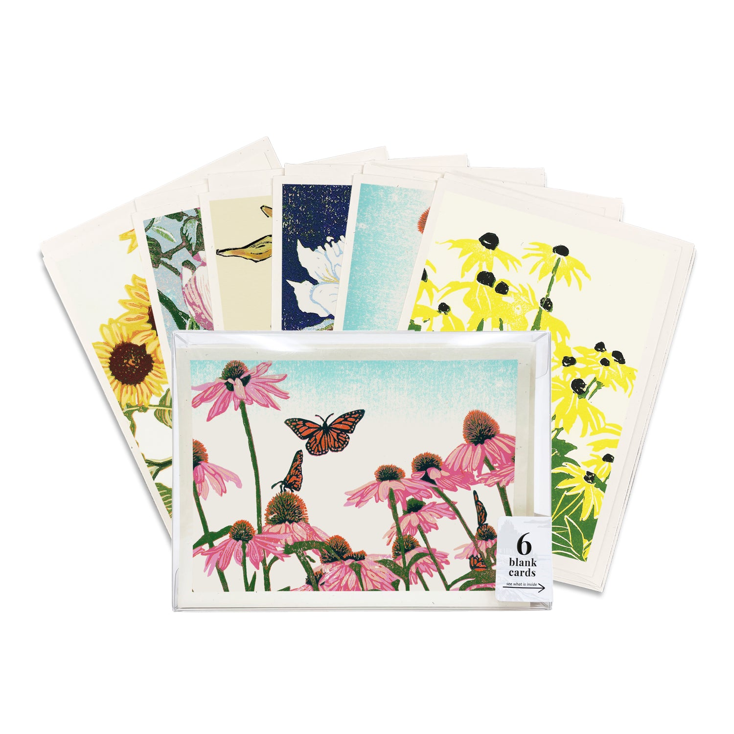A boxed set of six casually elegant set of floral cards featuring flower art by printmaker Natalia Wohletz of Peninsula Prints.
