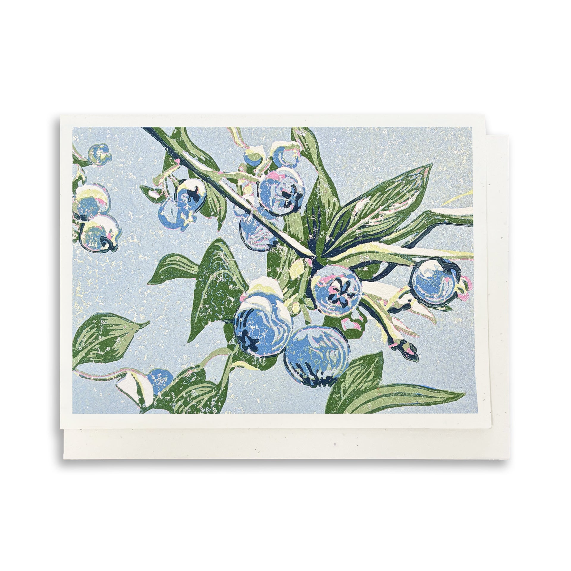 Eco-friendly A6 card with blueberries on a leafy branch against a light blue background.