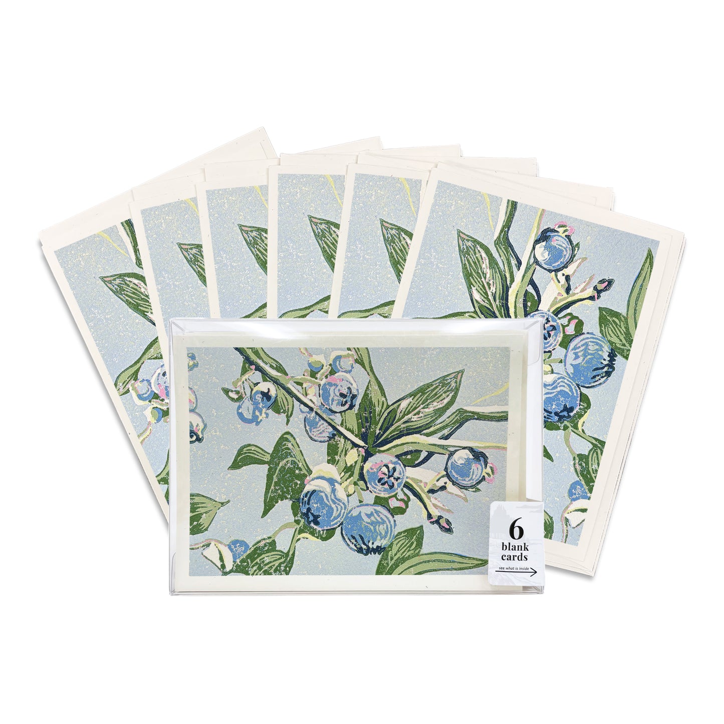 Set of 6 eco-friendly A6 cards with blueberries on a leafy branch against a light blue background.