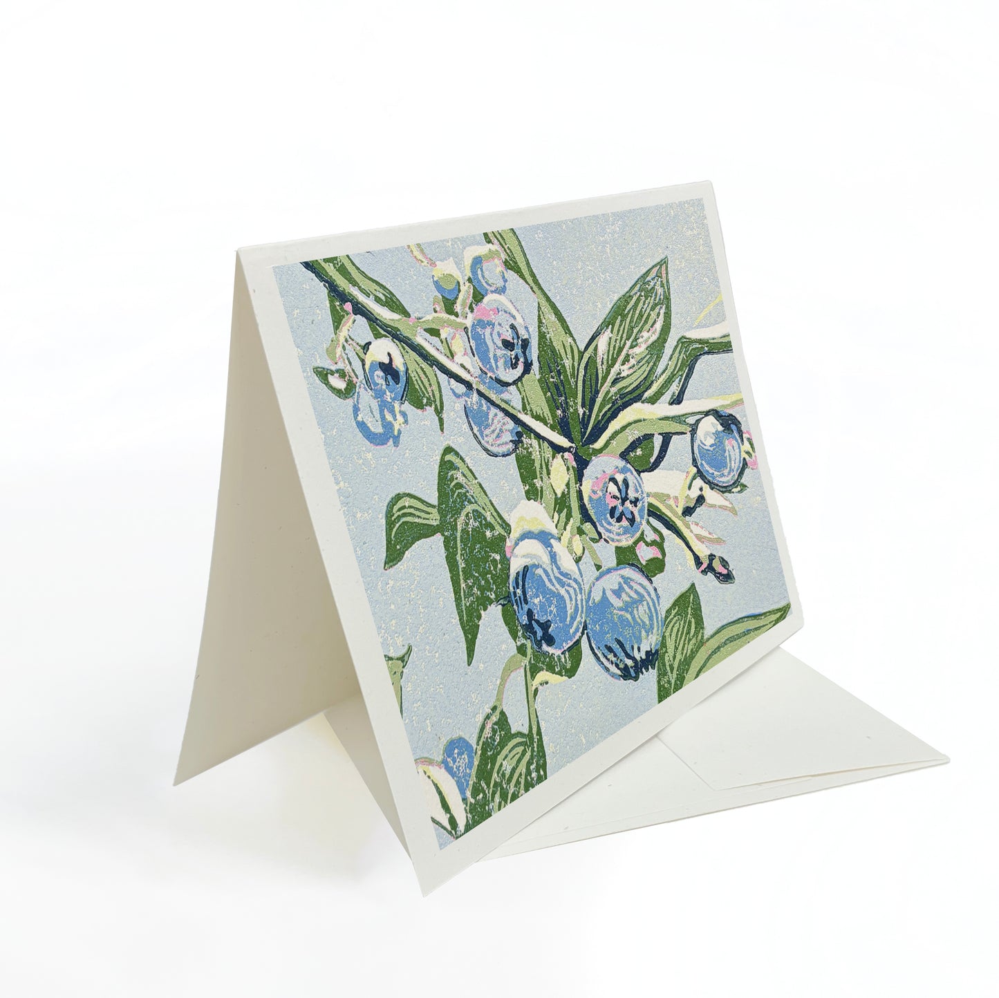 Eco-friendly A6 card with blueberries on a leafy branch against a light blue background.