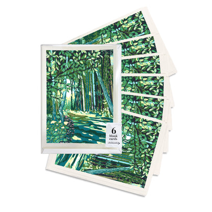 A boxed set of six Cedar Trail Greeting Cards, a block print design by Natalia Wohletz of Peninsula Prints.