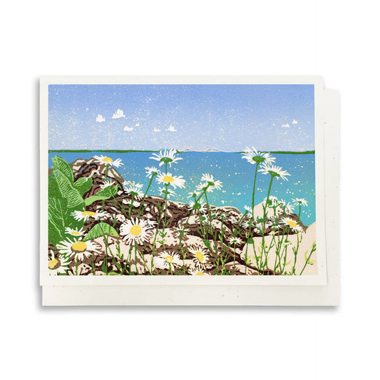Blank greeting card featuring the block print "Daisy Shore" by Natalia Wohletz of Peninsula Prints.