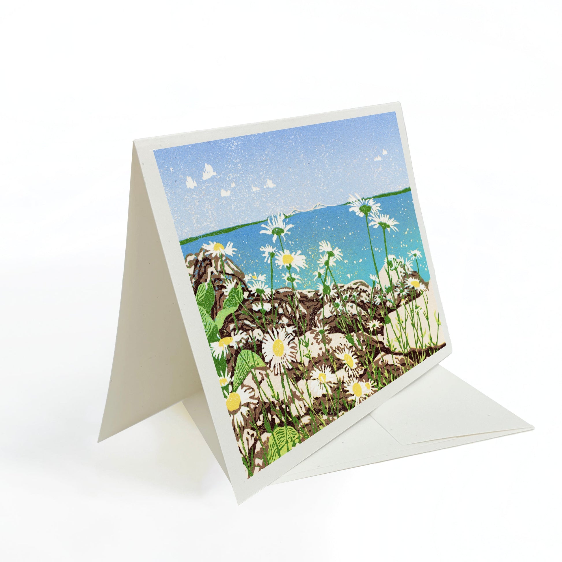 Blank greeting card featuring the block print "Daisy Shore" by Natalia Wohletz of Peninsula Prints.