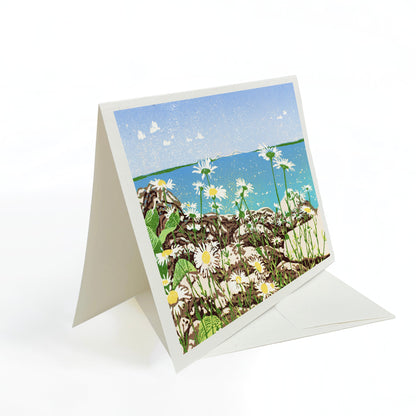 Blank greeting card featuring the block print "Daisy Shore" by Natalia Wohletz of Peninsula Prints.