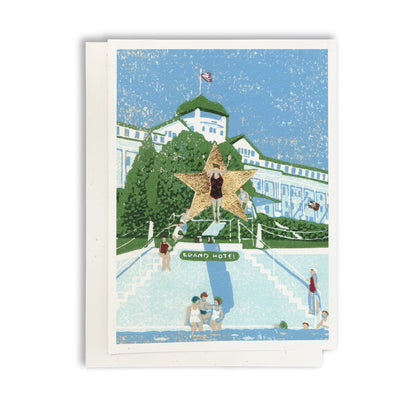 Blank greeting card featuring the block print "Esther Williams, the Water Ballerina"  by Natalia Wohletz of Peninsula Prints.