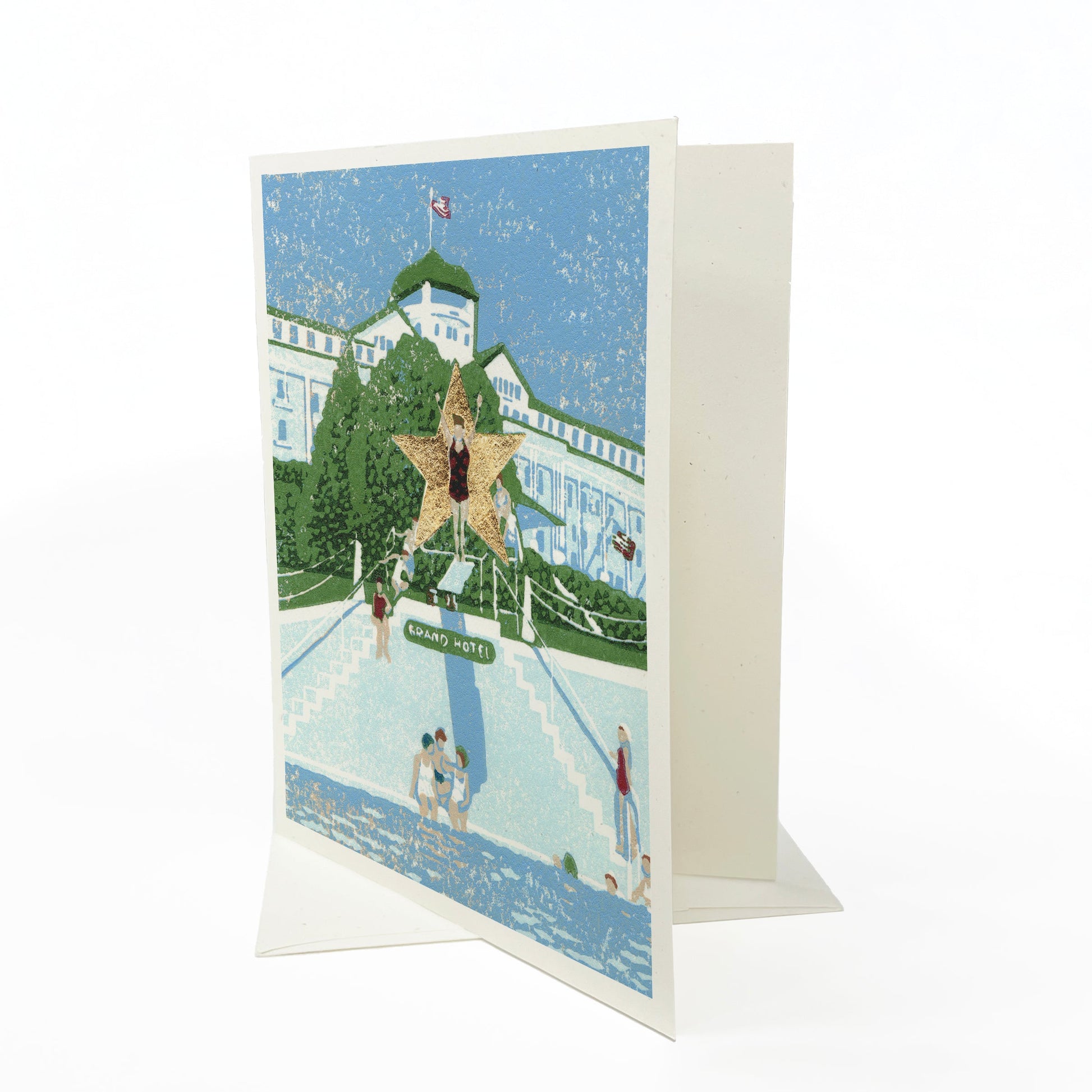 Blank greeting card featuring the block print "Esther Williams, the Water Ballerina"  by Natalia Wohletz of Peninsula Prints.