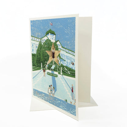 Blank greeting card featuring the block print "Esther Williams, the Water Ballerina"  by Natalia Wohletz of Peninsula Prints.