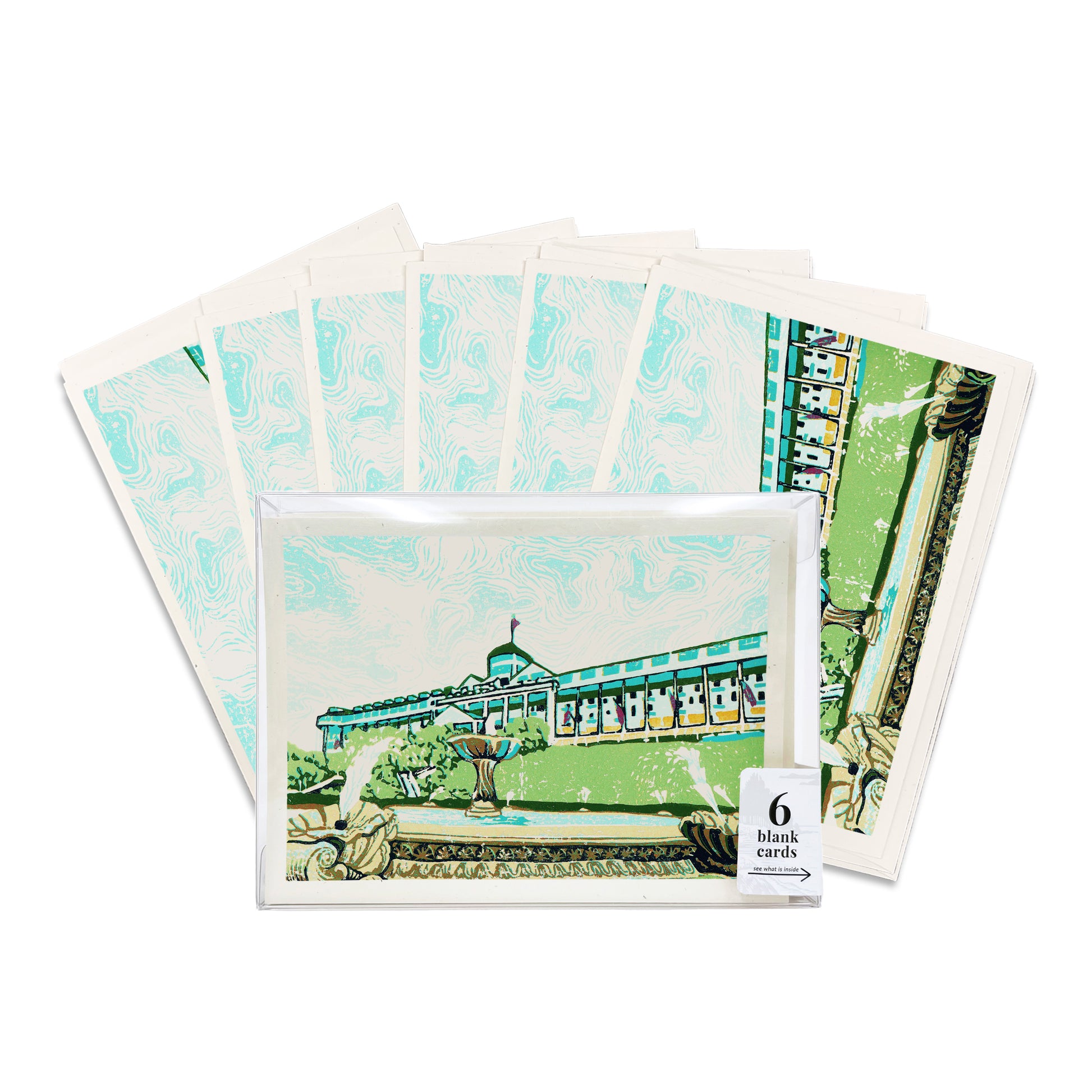 A boxed set of six casually elegant cards featuring Mackinac Island art by Natalia Wohletz titled Grand Fountain.