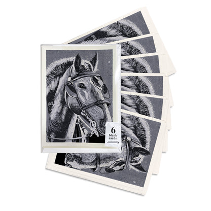 A boxed set of six casually elegant cards featuring Mackinac Island horses art by Natalia Wohletz of Peninsula Prints titled Horse in Monochrome.