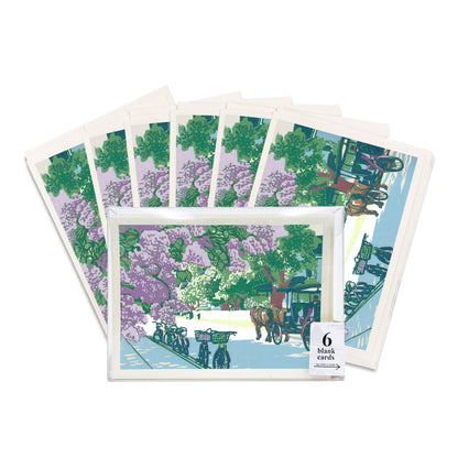 A boxed set of six casually elegant greeting cards featuring a digital reproduction of Lilac Avenue, an original block print by Natalia Wohletz of Peninsula Prints. 