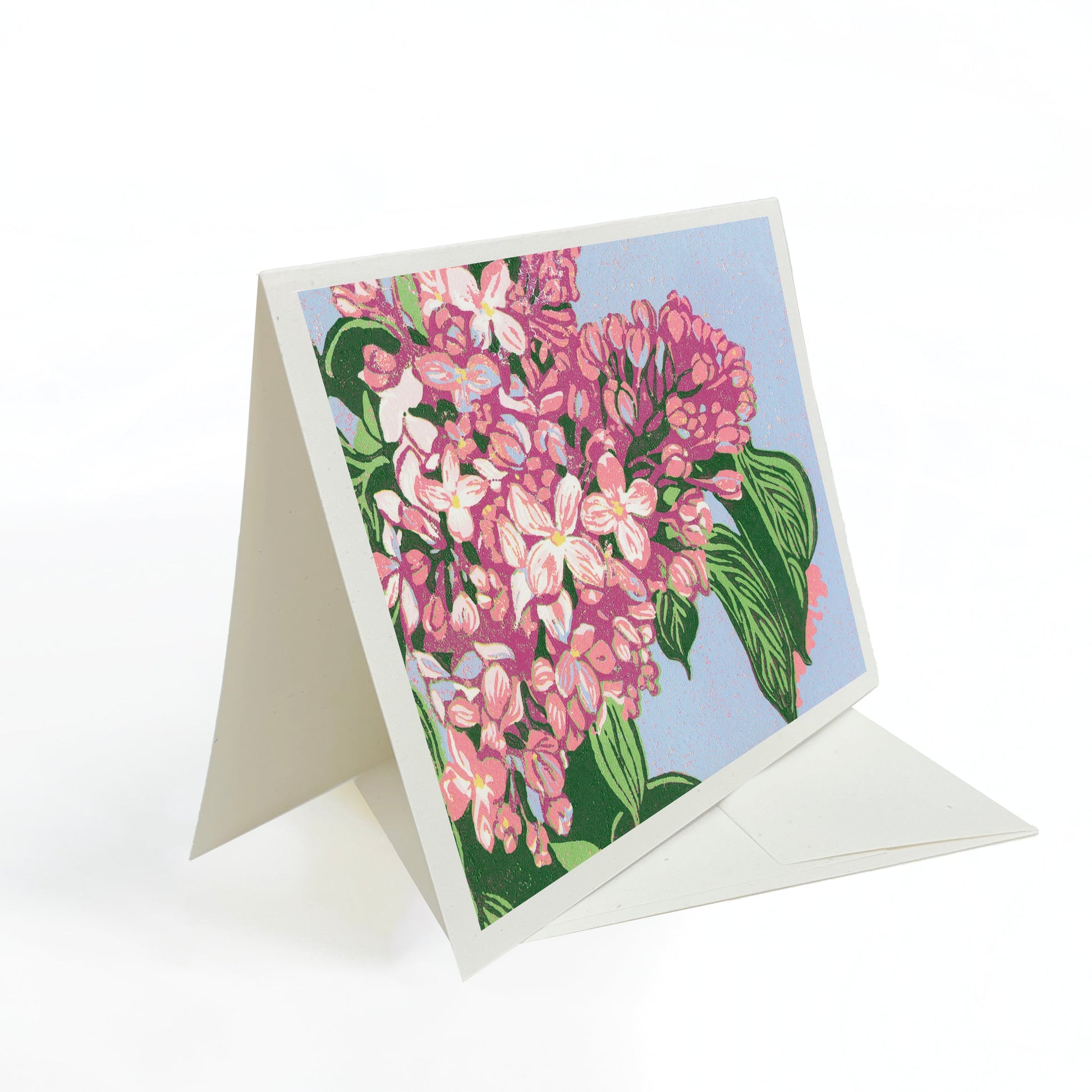 Blank greeting card featuring the block print "Lilacs" by Natalia Wohletz of Peninsula Prints.