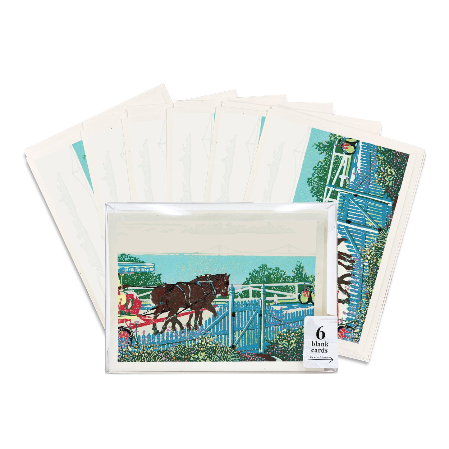 A boxed set of six casually elegant cards featuring Mackinac Island art by Natalia Wohletz titled Mackinac Garden Gate.