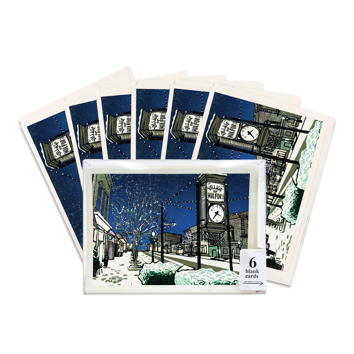 A box set of six casually elegant cards featuring Milford, Michigan, art by Natalia Wohletz titled Milford Lights.