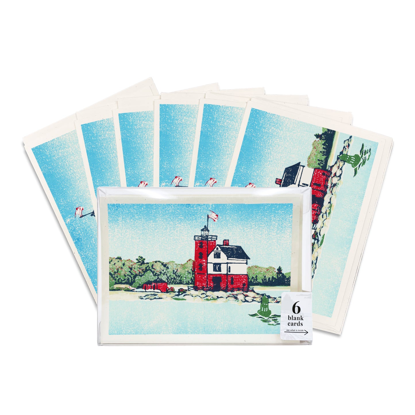 A boxed set of six casually elegant cards featuring Round Island Lighthouse art by Natalia Wohletz of Peninsula Prints titled Round Island Light. 