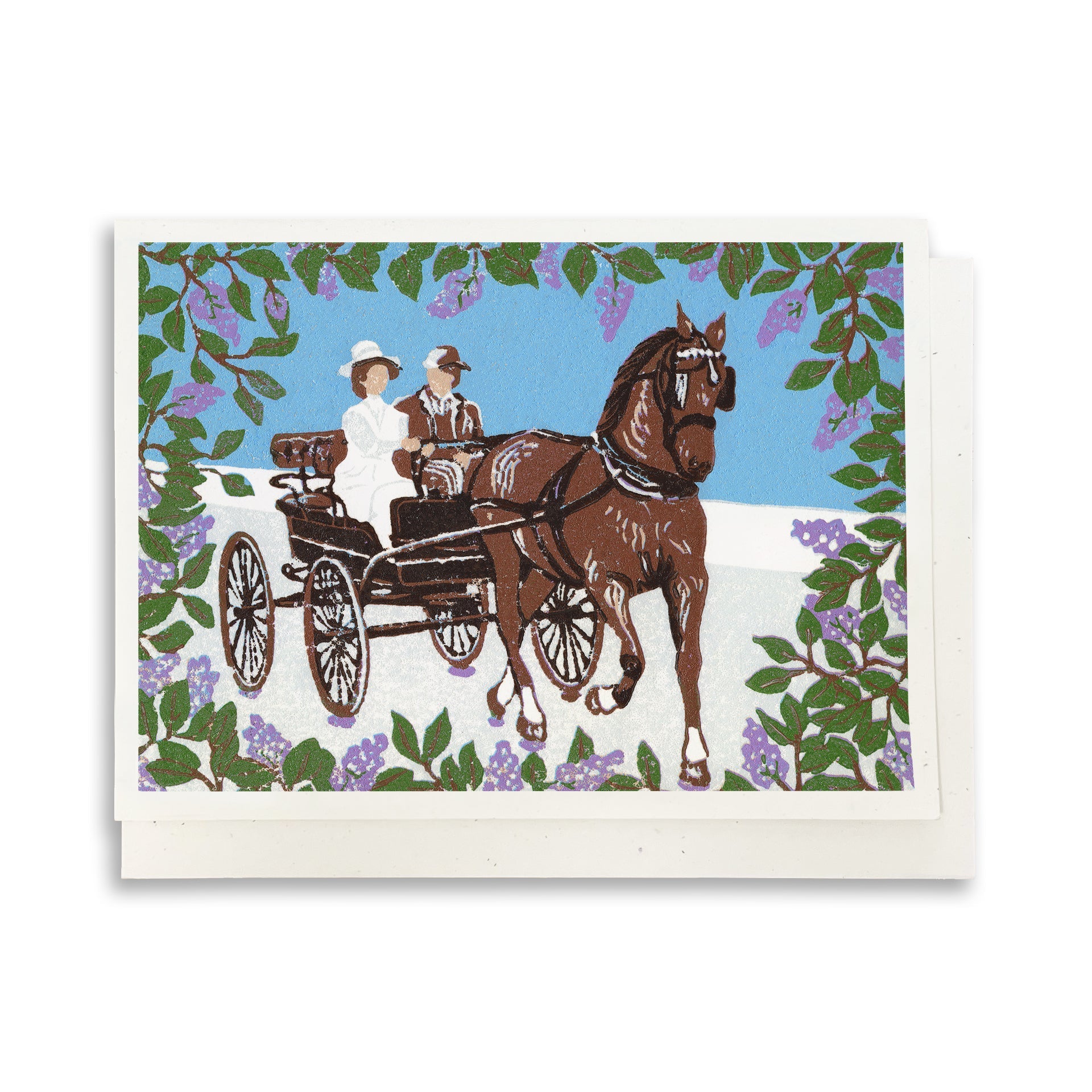 Blank greeting card featuring the block print "Somewhere in Time Carriage Ride"  by Natalia Wohletz of Peninsula Prints.