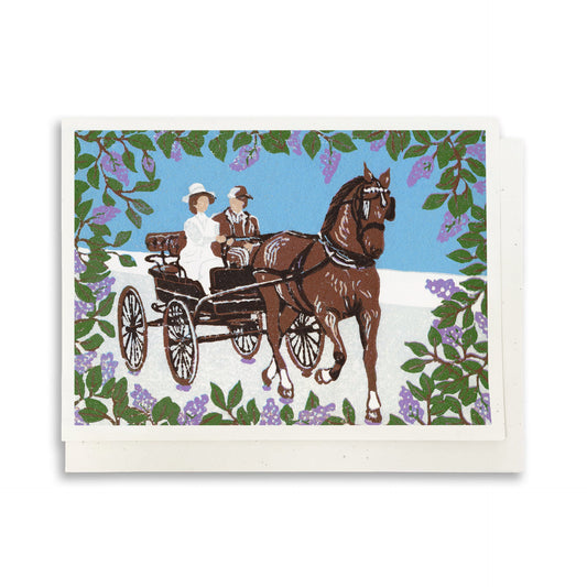 Blank greeting card featuring the block print "Somewhere in Time Carriage Ride"  by Natalia Wohletz of Peninsula Prints.