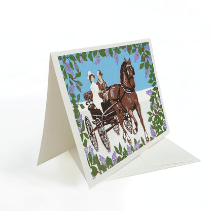 Blank greeting card featuring the block print "Somewhere in Time Carriage Ride"  by Natalia Wohletz of Peninsula Prints.
