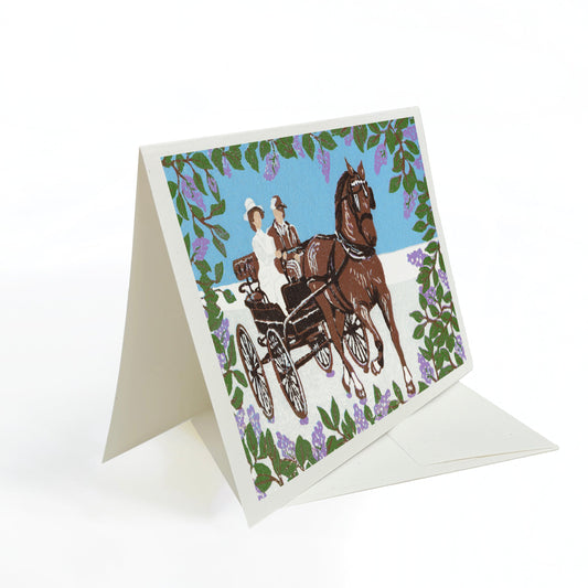 Blank greeting card featuring the block print "Somewhere in Time Carriage Ride"  by Natalia Wohletz of Peninsula Prints.