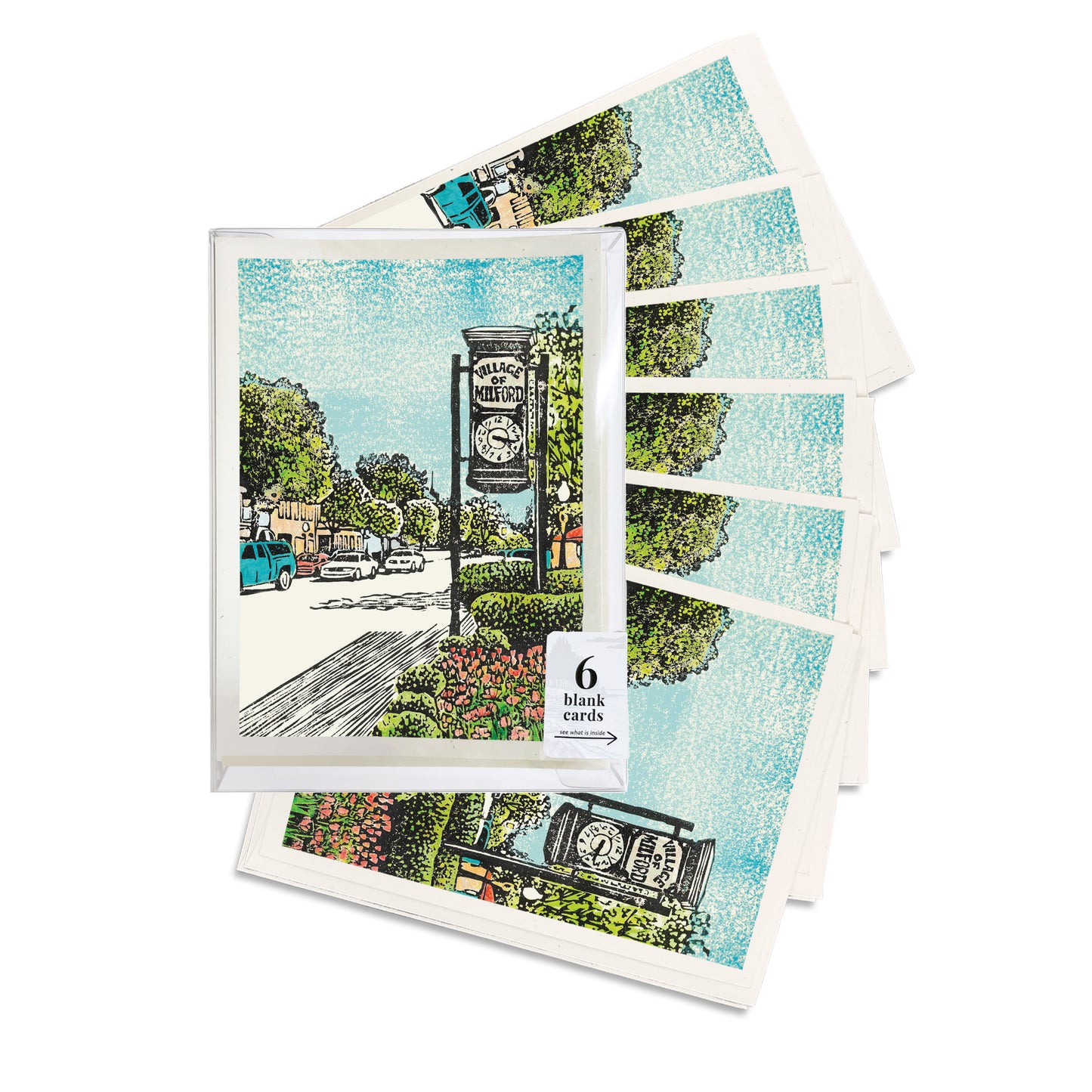 A box set of six casually elegant cards featuring Milford, Michigan, art by Natalia Wohletz titled Village of Milford.