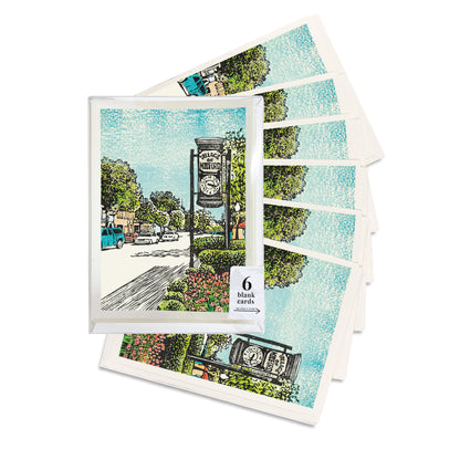 A box set of six casually elegant cards featuring Milford, Michigan, art by Natalia Wohletz titled Village of Milford.
