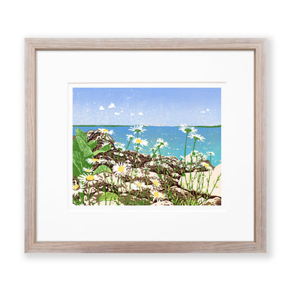 Daisy Shore is a 10" x 8" eight-color reduction block print by Natalia Wohletz of joyful daisies growing amongst limestone rocks on the Mackinac Island shore. Tucked back in the clear blue sky and turquoise water backdrop is the Mackinac Bridge.  Matted in white and framed in a cerused oak frame.