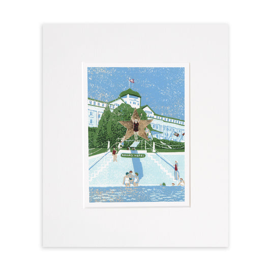"Esther Williams, the Water Ballerina" is a 5"x7" seven-color reduction block print by Natalia Wohletz of Esther Williams on the diving board at Grand Hotel wearing a flannel red and black swimsuit made for the film, "This Time for Keeps." Matted in a white mat.