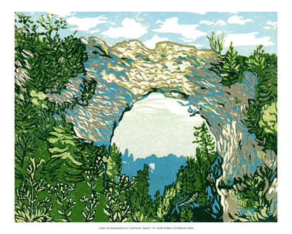 A fine art reproduction of "Arch Rock’s Shadow." an eight-color 10" x 8" print inspired by the most iconic rock formation on Mackinac Island: Arch Rock. The arch is an incredible sight any day, but on crisp, sunny days the light dances along its ridge as well as in the water beyond. 