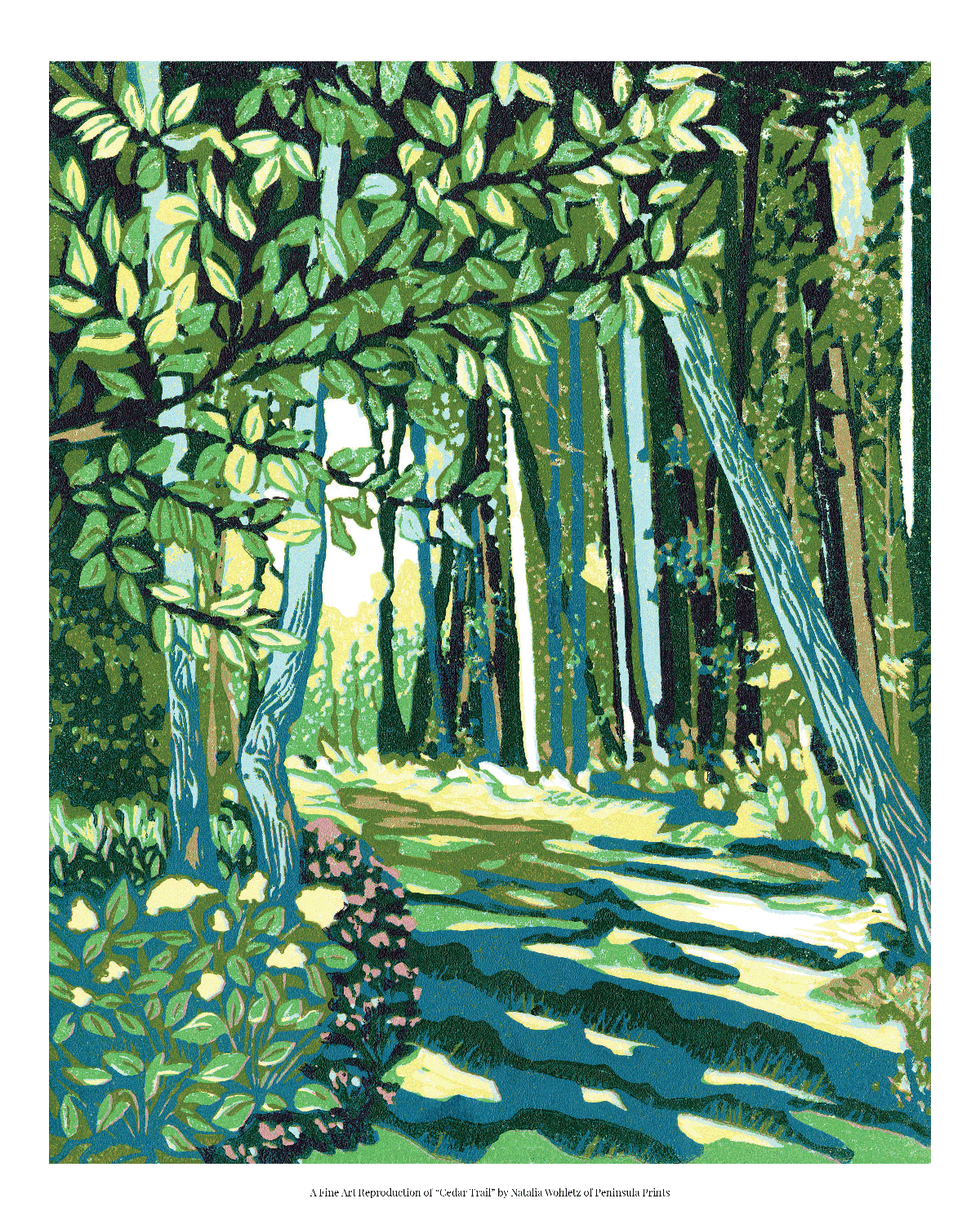 A fine art reproduction of "Cedar Trail," an award-winning nine-color 8" x 10" block print celebrating the tranquil beauty of the gardens and trails on Mackinac Island.