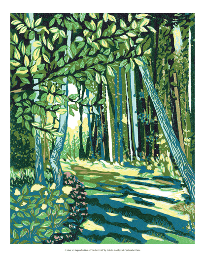 A fine art reproduction of "Cedar Trail," an award-winning nine-color 8" x 10" block print celebrating the tranquil beauty of the gardens and trails on Mackinac Island.