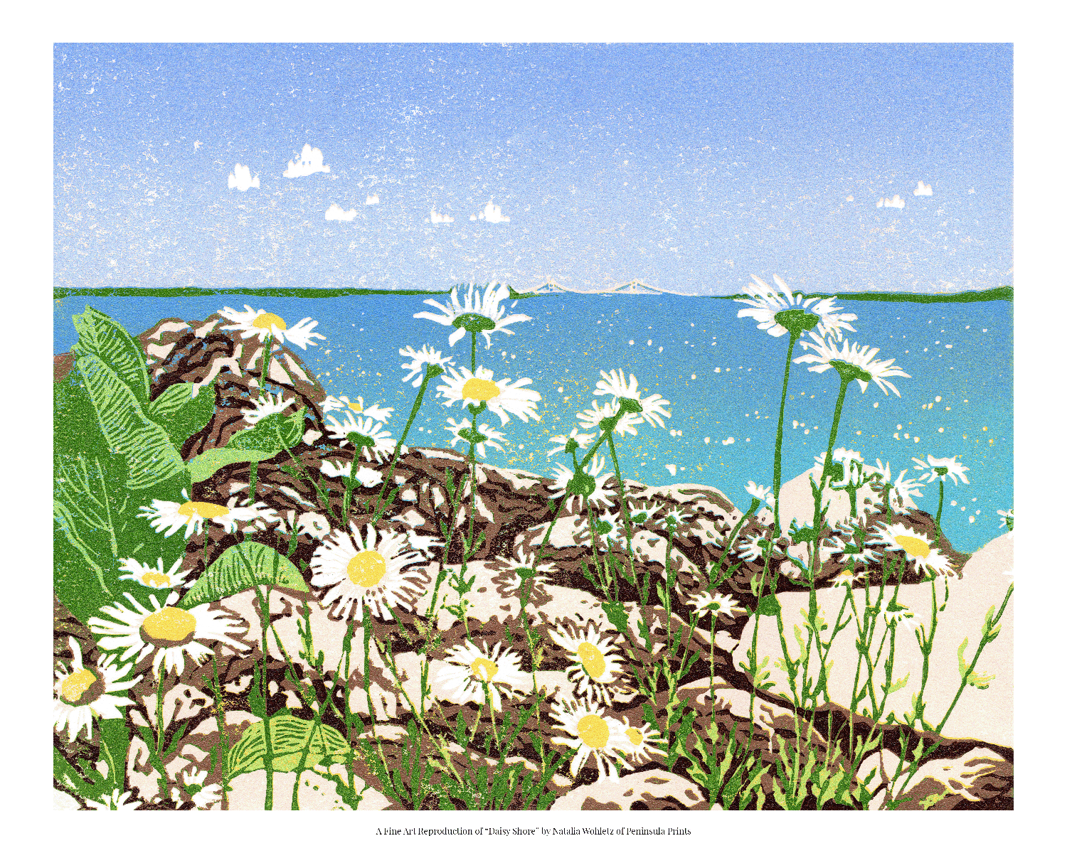 A fine art reproduction of "Daisy Shore," a 10" x 8" eight-color reduction block print of joyful daisies growing amongst limestone rocks on the Mackinac Island shore. Tucked back in the clear blue sky and turquoise water backdrop is the Mackinac Bridge.