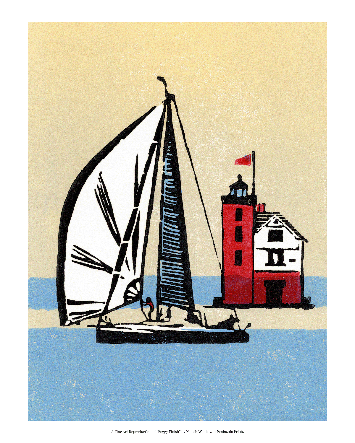 A fine art reproduction of "Foggy Finish," a four-color 6" x 8" block print that conveys the excitement of sailors as they complete their race from Chicago or Port Huron.