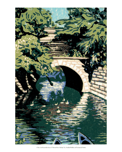 A fine art reproduction of "Huron River Bridge," a seven-color 4" x 6" block print of the historic railroad bridge on the east side of Main Street in Milford, Michigan that spans the Huron River.