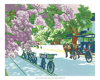A fine art reproduction of "Lilac Avenue," a nine-color 10" x 8" block print with gold embellishments showcasing a dreamy street on Mackinac Island during the Lilac Festival with the wonderfully-smelling lilac bushes are in full bloom.  