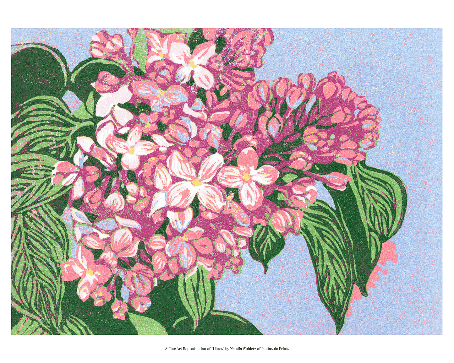 Reproduction of a block print of blooming pink lilacs with olive green leaves against a periwinkle background.