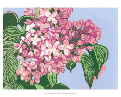 Reproduction of a block print of blooming pink lilacs with olive green leaves against a periwinkle background.