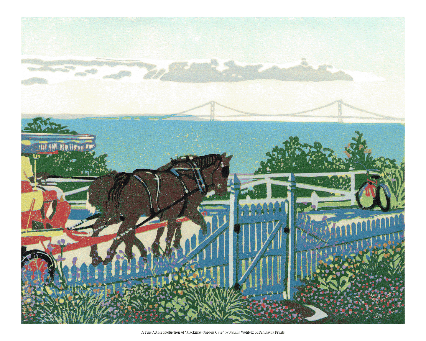 A fine art reproduction of "Mackinac Garden Gate," a nostalgic fourteen-color reduction block print showcasing all that makes Mackinac Island unique from the view of a cottage porch on the West Bluff.