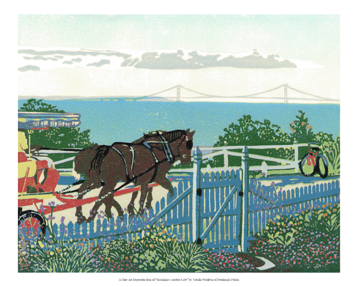 A fine art reproduction of "Mackinac Garden Gate," a nostalgic fourteen-color reduction block print showcasing all that makes Mackinac Island unique from the view of a cottage porch on the West Bluff.