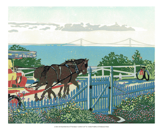 A fine art reproduction of "Mackinac Garden Gate," a nostalgic fourteen-color reduction block print showcasing all that makes Mackinac Island unique from the view of a cottage porch on the West Bluff.
