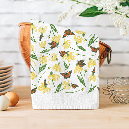 Flour Sack Kitchen Towel - Monarch & Coneflower Garden