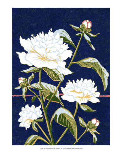 A fine art reproduction of "Peonies," a six-color 5" x 7" linoleum block print inspired by the perennial flowers blooming in the cottage gardens of Mackinac Island.