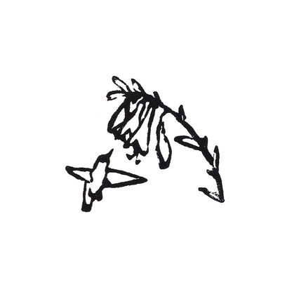 A black and white original block print of a hummingbird and flowers.