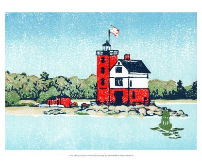 A fine art reproduction of "Round Island Light," a four-color 7" x 5" block print of one of Michigan's most beloved lighthouses. Round Island Light stands on the tip of Round Island and is right across the channel from Mackinac Island.