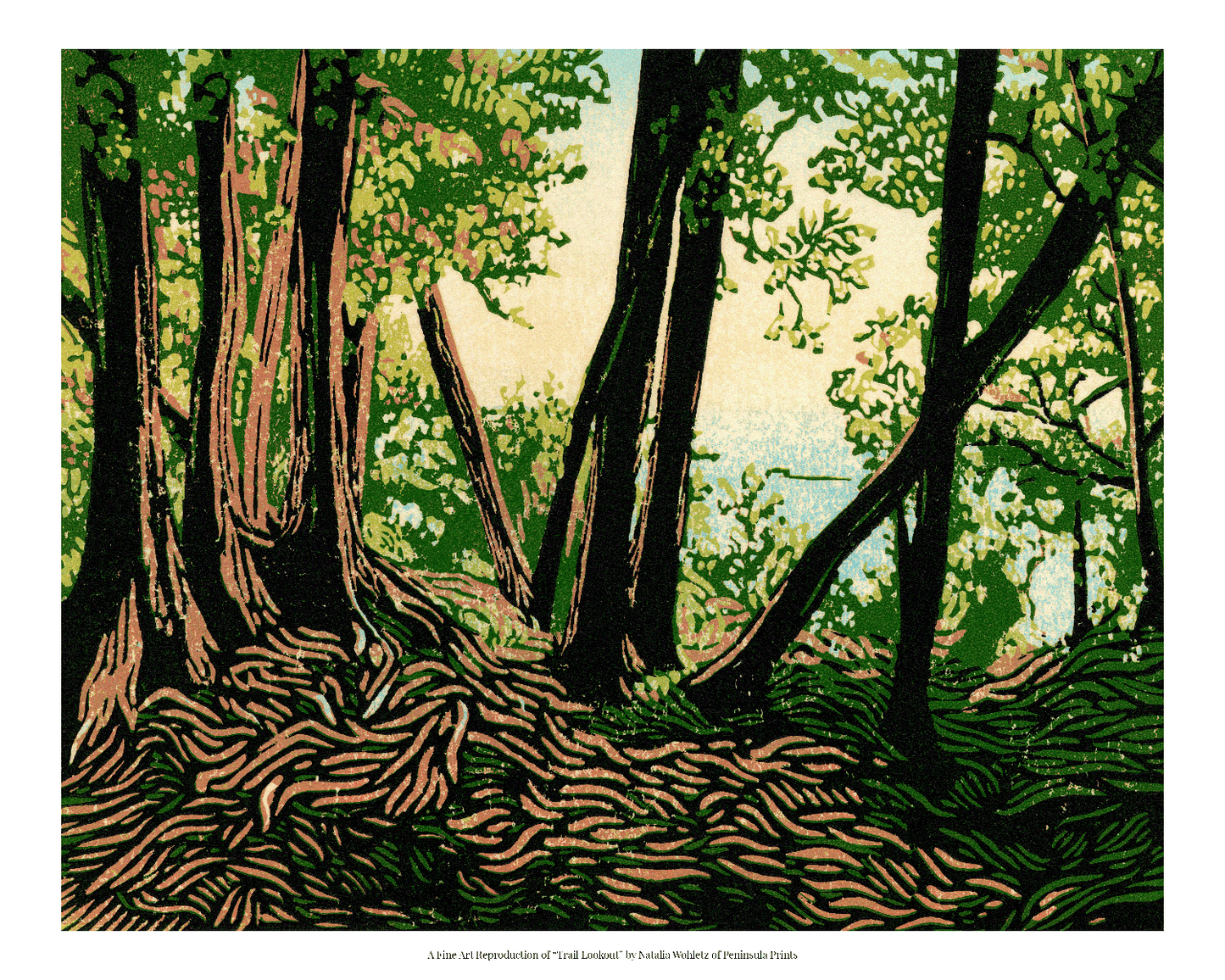 A fine art reproduction of "Trail Lookout," a striking seven-color reduction linoleum block print of a lookout over Lake Huron from a cedar-lined trail.