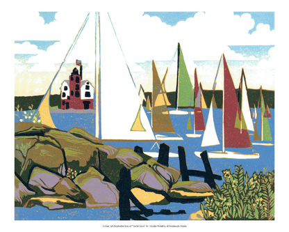 A fine art reproduction of "Yacht Race," a retro abstract ten-color 10" x 8" reduction block print of sailboats crossing the finish line at Mackinac Island.