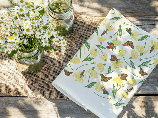 Flour Sack Kitchen Towel - Monarch & Coneflower Garden