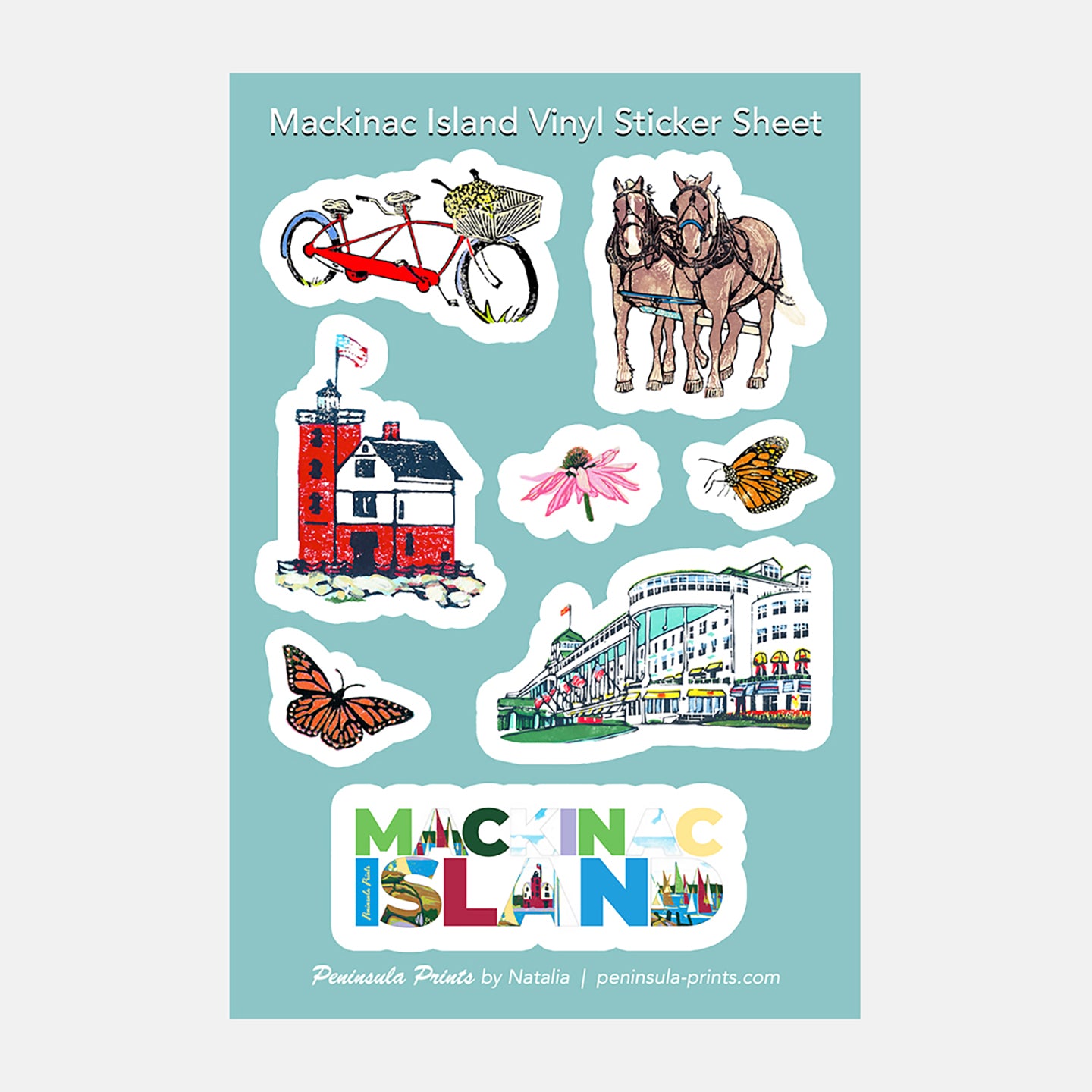 Each sticker sheet features block print designs inspired by scenes of Mackinac Island, Michigan, including the Grand Hotel, a team of dray horses, butterflies, flowers and Round Island Lighthouse. Featuring artwork by Mackinac Island artist Natalia Wohletz of Peninsula Prints.