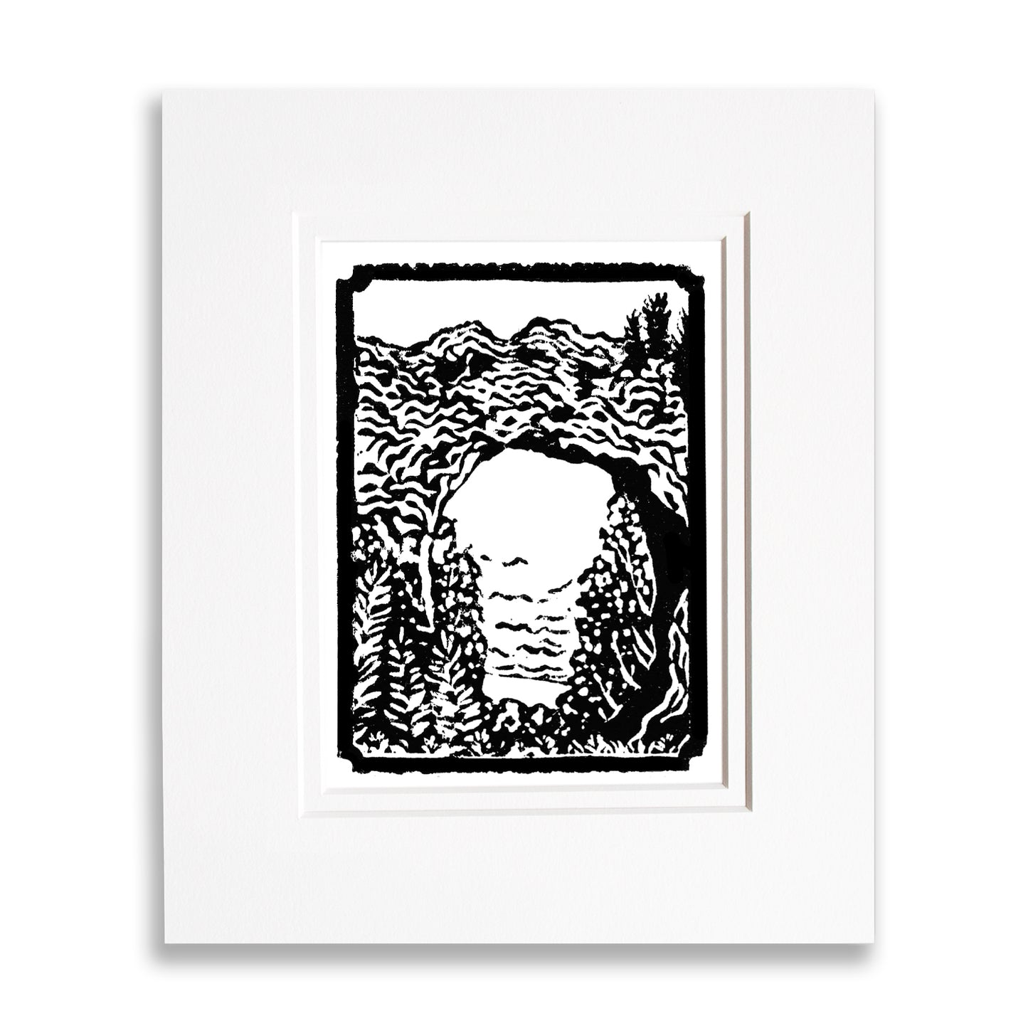 Mini Arch Rock 3"x4" one-color black and white block print of Arch Rock on Mackinac Island. Double matted with white mat.