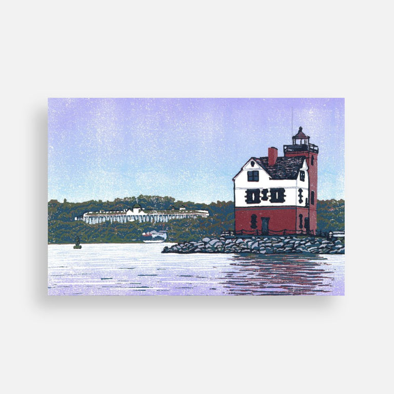 Mackinac Island Postcard featuring a block print of Round Island Lighthouse by Natalia Wohletz.