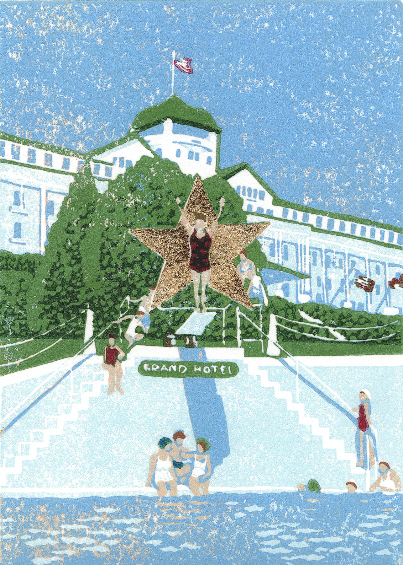 "Esther Williams, the Water Ballerina" is a 5"x7" seven-color reduction block print by Natalia Wohletz of Esther Williams on the diving board at Grand Hotel wearing a flannel red and black swimsuit made for the film, "This Time for Keeps."
