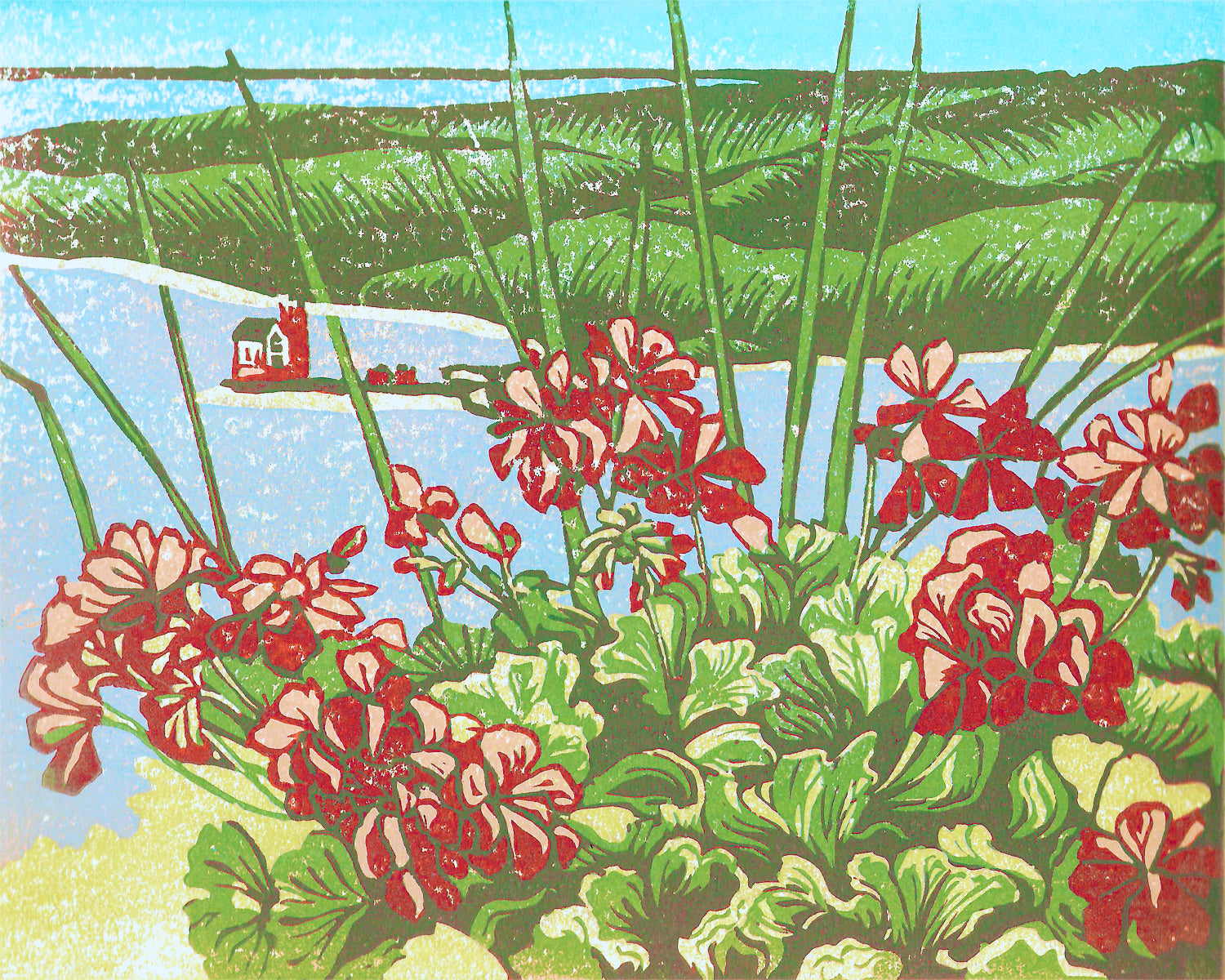 Reduction linoleum block print of bright red geranium blooms and green leaves in a pot overlooking the Round Island Lighthouse from Mackinac Island's Grand Hotel's front porch.